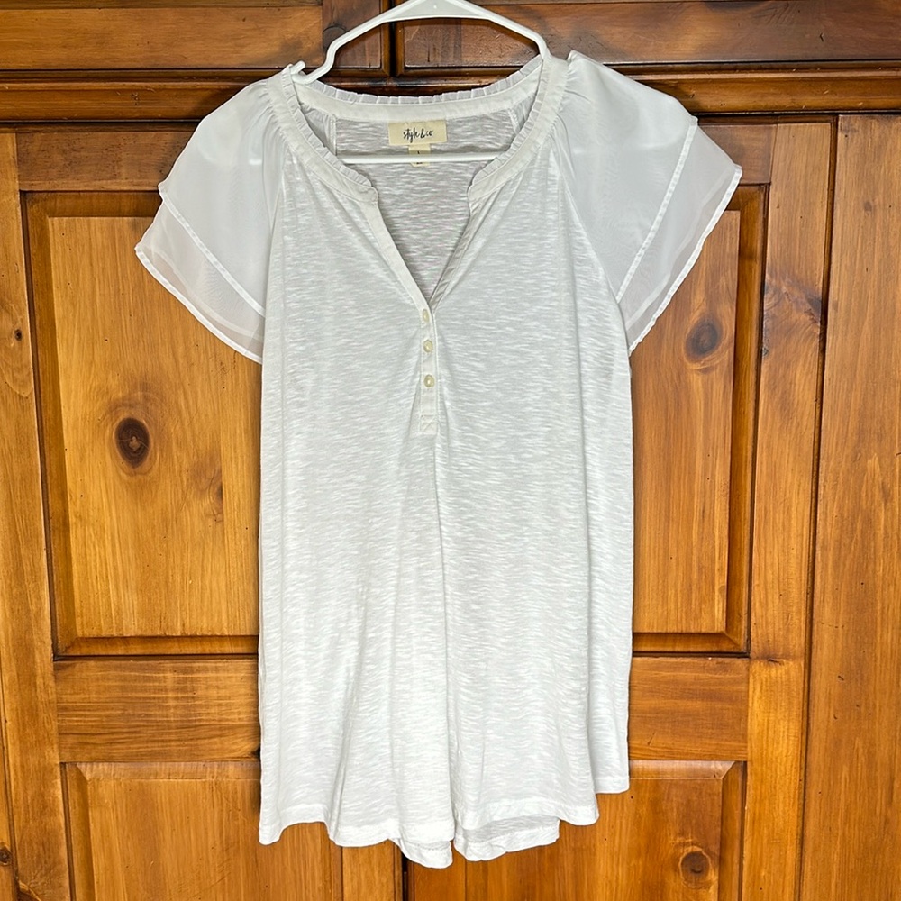 Style & Co Women’s White Sheer Ruffle Short Sleeve Shirt